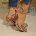 Rhinestone Bow Clear PVC Ankle Strap Heeled Sandals Transparent Block Heel Pointed Toe Party Dress Shoes Босоножки Женские