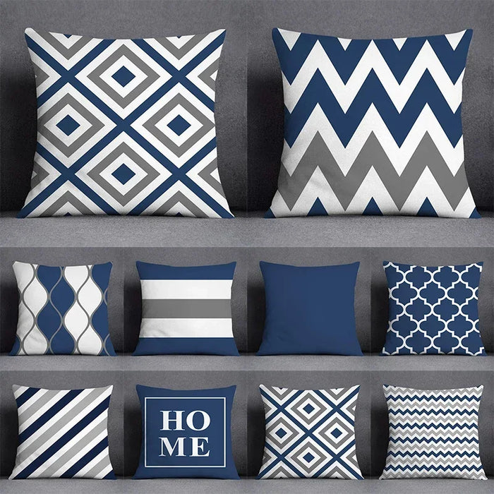 Funda de cojín de 45x45CM, patrón geométrico, poliéster, azul gris, funda de almohada, tapicería, cojín de sofá, almohada decorativa, funda de almohada para decoración del hogar.