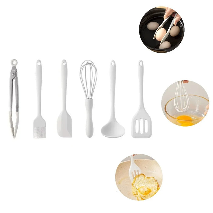 Juego de 6 utensilios de cocina pequeños de silicona - Herramientas de cocina antiadherentes resistentes al calor, incluye espátula, raspador,, batidor, pinzas para alimentos