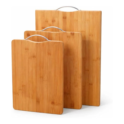 Juego de 3 tablas de bambú para picar/cortar alimentos con mango de acero inoxidable, diferentes tamaños. Bluelander