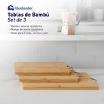 Juego de 3 tablas de bambú para picar/cortar alimentos con mango de acero inoxidable, diferentes tamaños. Bluelander