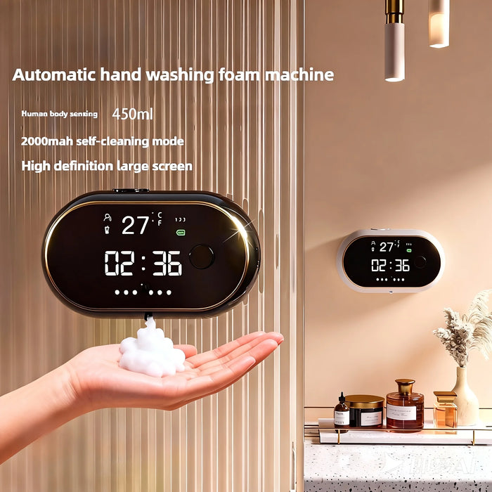 Dispensador de jabón espumoso automático recargable de 400 ml con sensor táctil de montaje en pared, espuma ajustable y pantalla LED para baño y cocina