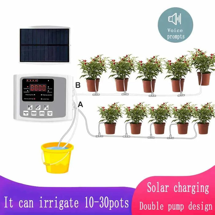 Dispositivo de riego por goteo para jardín con sistema de temporizador y controlador de doble bomba, dispositivo de riego automático inteligente con energía solar para plantas