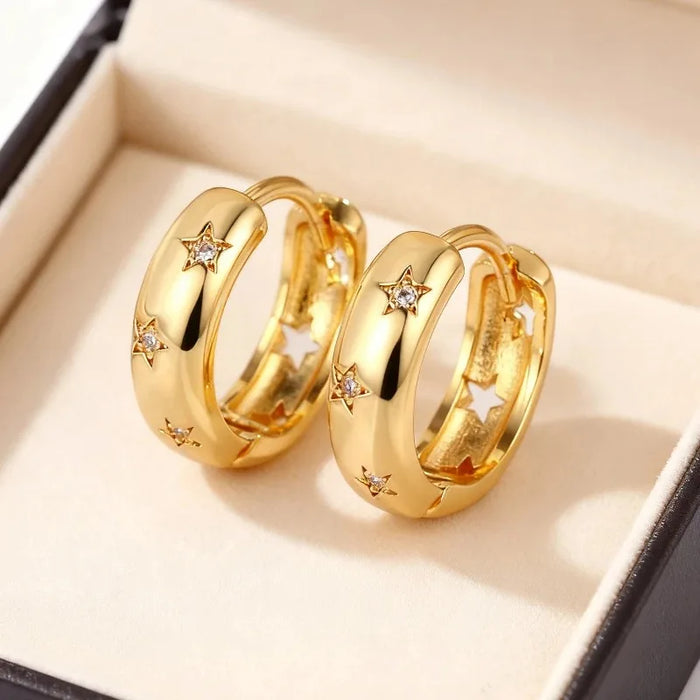Stainless Steel Star Hoop Earrings for Women Girls Vintage Simple Zircon Paved Earrings Daily Wearing Party Fashion Jewelry Gift