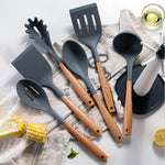 Juego de utensilios de cocina de silicona de 6/7 piezas, espátula antiadherente, cuchara sopera, utensilios de cocina con soporte de almacenamiento, utensilios de cocina con mango de madera