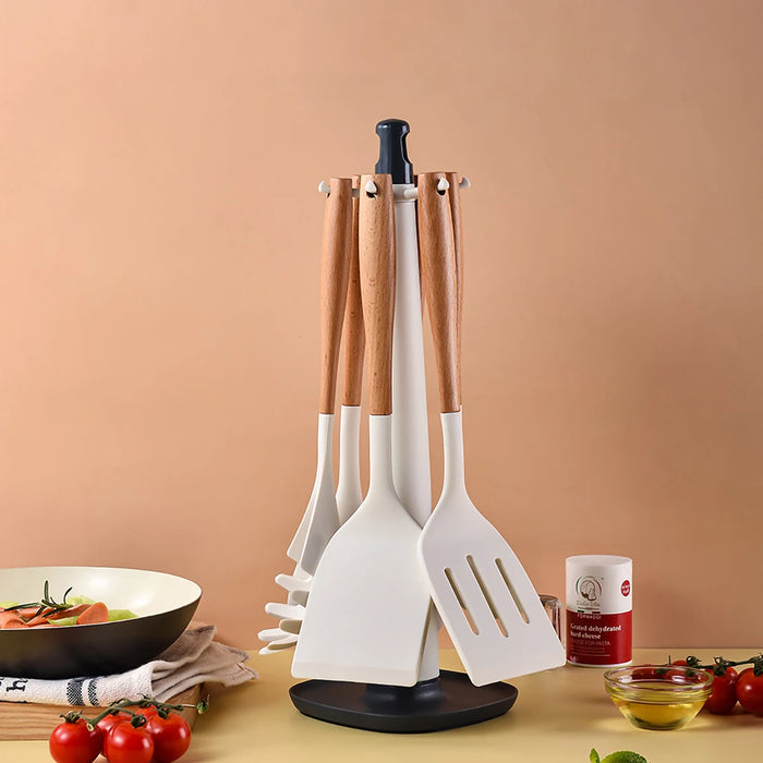 Juego de utensilios de cocina de silicona de 6/7 piezas, espátula antiadherente, cuchara sopera, utensilios de cocina con soporte de almacenamiento, utensilios de cocina con mango de madera