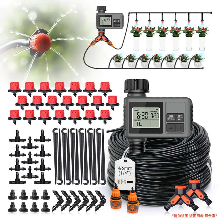 Juego de riego con temporizador de botón LCD de jardín de 30-5m, boquilla giratoria ajustable de 0-80L/H, sistema de riego automático con pantalla inteligente
